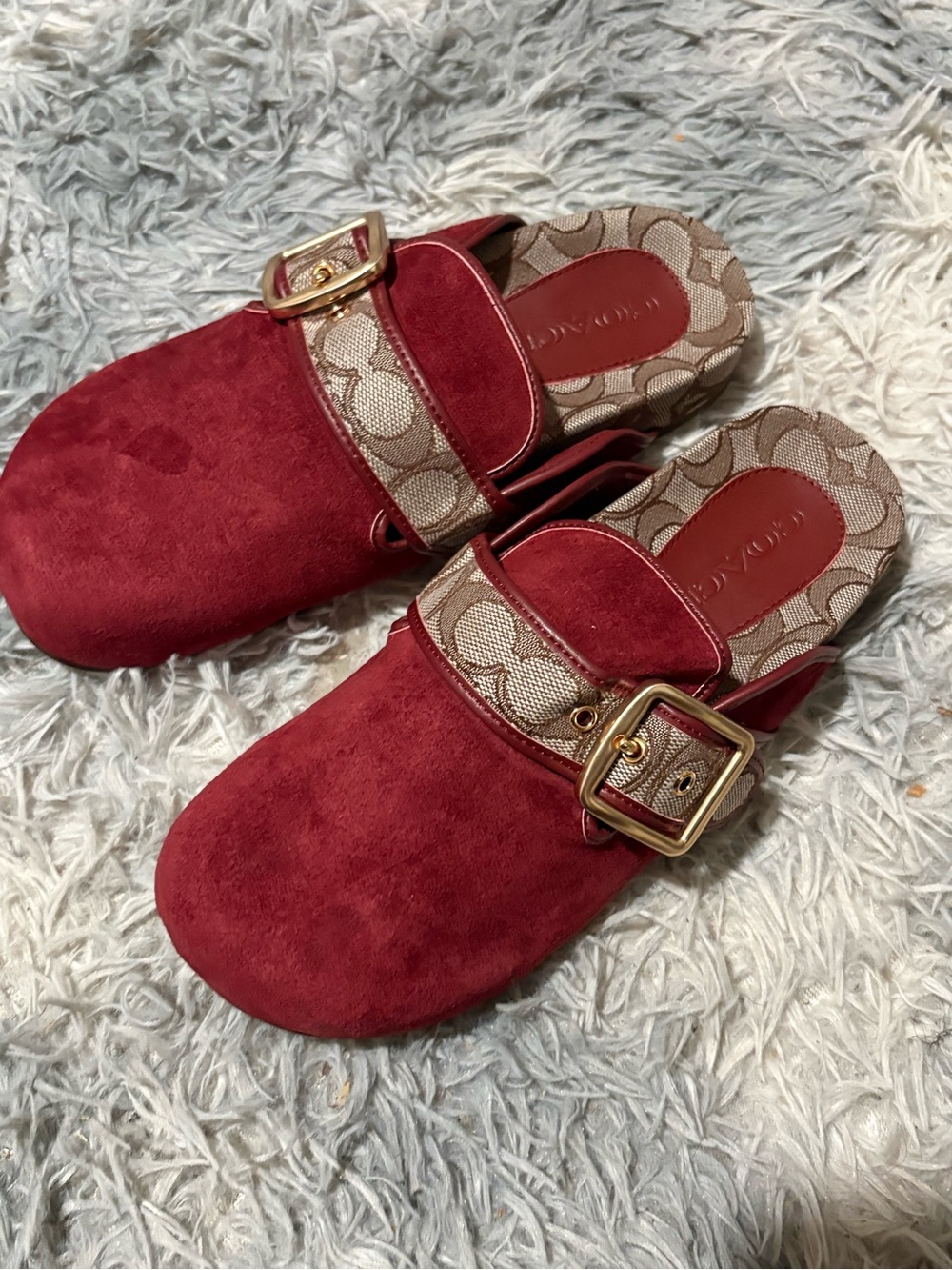 Coach Burgundy Suede Slide with Signature Strap and Gold Buckle